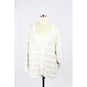 SCAGLIONE Beige White Striped Silk Cotton Knit V-Neck Cardigan Sweater, Size M